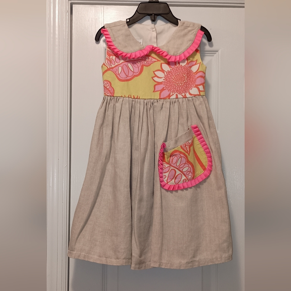 Owls And Bats Linen tan Pink Floral Print sleeveless Dress 4T